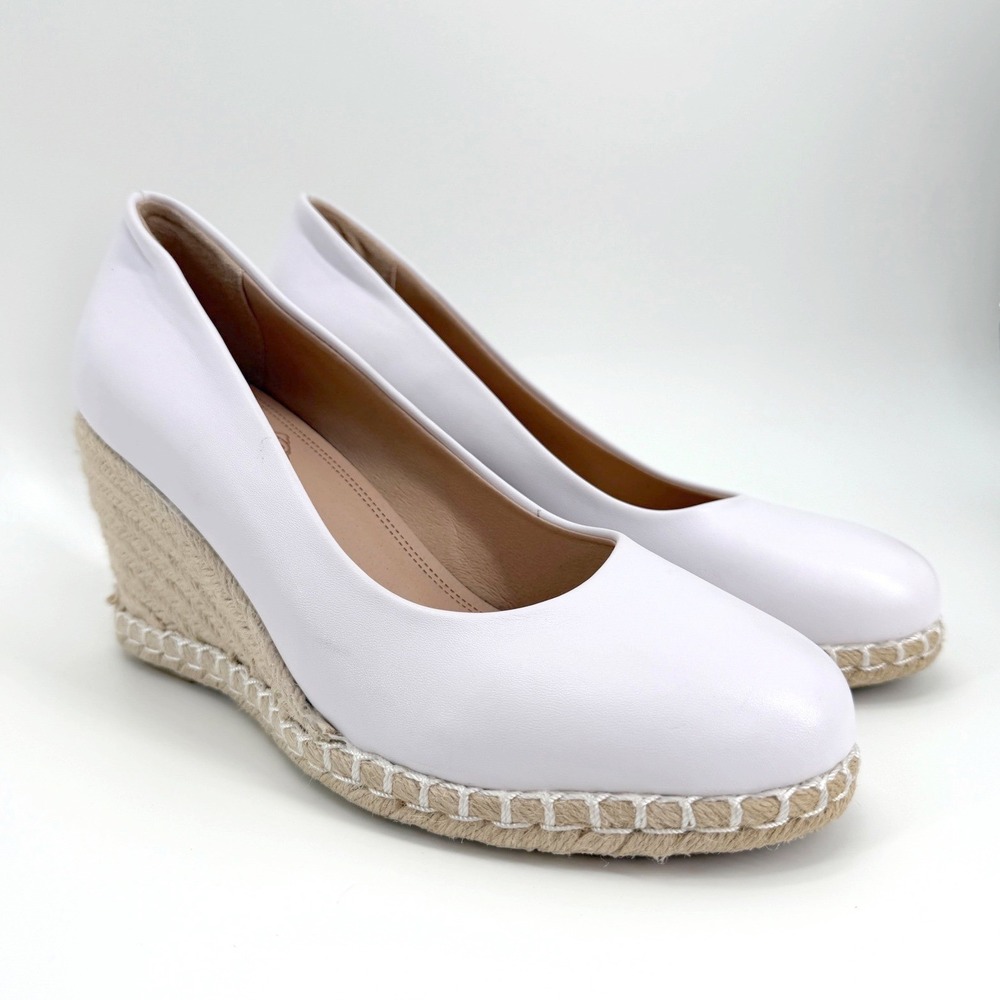 Wedge Espadrilles Women *8.5 Bright White Leather Round Toe Summer Wedding Guest